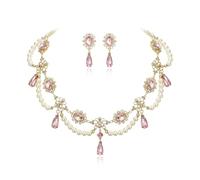 Clearine Halloween Gothic Costume Multi Layered 1920s Simulated Pearls Flower Collar Necklace Dangle Earrings Set for Women Vampire Cosplay Party Prom Jewellery Accessory Pink Gold-Tone