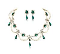 Clearine Halloween Gothic Costume Multi Layered 1920s Simulated Pearls Flower Collar Necklace Dangle Earrings Set for Women Vampire Cosplay Party Prom Jewellery Accessory Green Gold-Tone