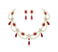 Clearine Halloween Gothic Costume Multi Layered 1920s Simulated Pearls Flower Collar Necklace Dangle Earrings Set for Women Vampire Cosplay Party Prom Jewellery Accessory Ruby Gold-Tone