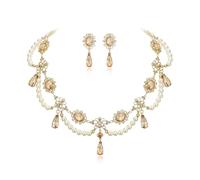 Clearine Halloween Gothic Costume Multi Layered 1920s Simulated Pearls Flower Collar Necklace Dangle Earrings Set for Women Vampire Cosplay Party Prom Jewellery Accessory Brown Gold-Tone