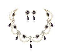 Clearine Halloween Gothic Costume Multi Layered 1920s Simulated Pearls Flower Collar Necklace Dangle Earrings Set for Women Vampire Cosplay Party Prom Jewellery Accessory Purple Gold-Tone
