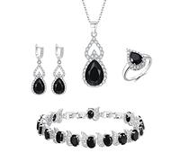 Clearine Jewellery Set for Women Silver Plated Black Teardrop Cubic Zirconia Necklace Open Adjustable Ring Earrings Bracelet Gift for Wedding/Anniversary/Mothers Day