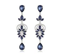 Clearine Rhinestone Statement Drop Earrings for Women Brides, Teardrop Marquise Crystal Long Dangle Earrings Wedding Prom Jewellery Blue Silver-Tone