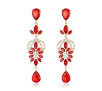 Clearine Rhinestone Statement Drop Earrings for Women Brides, Teardrop Marquise Crystal Long Dangle Earrings Wedding Prom Jewellery Red Gold-Tone