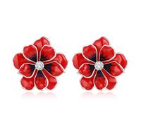 Clearine Stunning Gorgeous Rhinestone Round Stone Enamel Flower Leaf Stud Earrings for Women Summer Beach Jewellery Red Silver-Tone