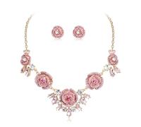 Clearine Stunning Rhinestone Crystal Marquise Rose Flower Cluster Statement Necklace Stud Earrings Jewellery Set for Wedding Party Prom Accessories Pink Gold-Tone