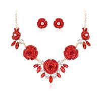 Clearine Stunning Rhinestone Crystal Marquise Rose Flower Cluster Statement Necklace Stud Earrings Jewellery Set for Wedding Party Prom Accessories Red Gold-Tone