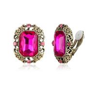 Clearine Victorian Style Statement Clip on Earrings for Women, Stunning Crystal Emerald Cut Earring for Costume Party Prom Jewellery Acessories Hot Pink Antique-Gold-Tone