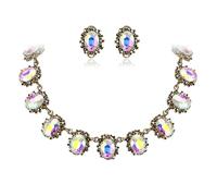 Clearine Victorian Style Statement Necklace Pierced Earrings Jewellery Set for Women Crystal Floral Cameo Inspired Oval Party Prom Jewelry Iridescent AB Antique-Gold-Tone