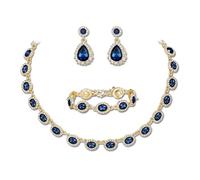 Clearine Weddding Costume Jewellery Set for Women Bridal Bridesmaids, Oval Crystal Collar Statement Necklace Teardrop Pierced Dangle Earrings Link Bracelet Set for Prom Party Sapphire Gold-Tone