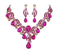 Clearine Wedding Bridal Bride Bridesmaid Bohemian Boho Crystal Teardrop Statement Pendant Necklace Dangle Earrings Costume Jewellery Set Fuchsia Hot Pink Gold Tone