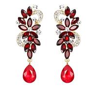 Clearine Wedding Bridal Dangle Earrings for Women Bohemian Boho Crystal Flower Chandelier Teardrop Bling Earrings Ruby Color Gold-Tone