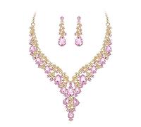 Clearine Wedding Bridal Jewellery Set Teardrop Rhinestone Cluster Statement Necklace Costume Dangle Earrings for Women Pink Gold-Tone
