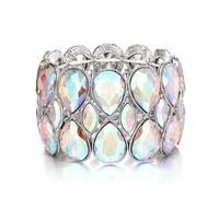 Clearine Wedding Bridal Stunning Crystal Double Row Water Drop Marquise Cluster Stretch Bangle Bracelet for Women Bride Iridescenet AB Silver-Tone
