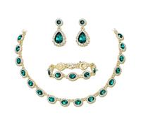 Clearine Wedding Costume Jewellery Set for Women Bridal Bridesmaids, Oval Crystal Collar Statement Necklace Teardrop Pierced Dangle Earrings Link Bracelet Set for Prom Party Emerald Green Gold-Tone
