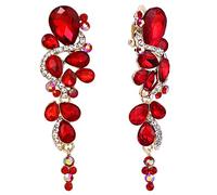 Clearine Wedding Jewellery for Bridal Statement Costume Bohemian Boho Crystal Diamante Teardrop Cluster Long Drop Clip-On Chandelier Dangle Earrings Red Ruby Colour Gold-Tone