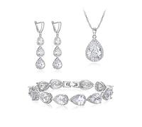 Clearine Wedding Jewellery Set for Women Bridal Bridesmaid, Silver Plated Clear Teardrop Cubic Zirconia Necklace Long Dangle Earrings Bracelet Gift for Party Prom