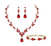 Clearine Wedding Jewellery Set for Women Bride, 14K Gold Plated Red Teardrop Marquise Crystal Cluster Y-Necklace Tennis Bracelet Dangle Earrings Set for Bridal Bridesmaid
