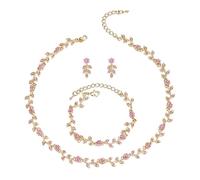 Clearine Wedding Jewellery Set for Women Bride, Gold Plated Gorgeous Stunning Pink Crystal Flower Leaf Cluster Choker Necklace Link Bracelet Stud Earrings for Prom Cocktail Party