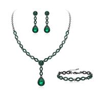 Clearine Wedding Jewellery Set for Women Bride, Gorgeous Crystal Teardrop Infinity Figure 8 Y-Necklace Tennis Bracelet Dangle Earrings Set for Bridesmaid Prom Accessories Emerald Green Black-Tone