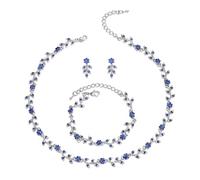Clearine Wedding Jewellery Set for Women Bride, Gorgeous Stunning Crystal Flower Leaf Cluster Choker Necklace Link Bracelet Stud Earrings for Bridal Bridesmaid Dark Blue Silver-Tone