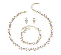 Clearine Wedding Jewellery Set for Women Bride, Gorgeous Stunning Crystal Flower Leaf Cluster Choker Necklace Link Bracelet Stud Earrings for Bridal Bridesmaid Light Purple Gold-Tone