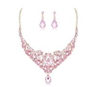 Clearine Wedding Jewellery Set for Women Bride, Gorgeous Stunning Crystal Marquise Teardrop Cluster Statement Necklace Dangle Drop Earrings for Bridal Bridesmaid Prom Accessories Pink Gold-Tone