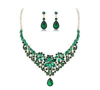 Clearine Wedding Jewellery Set for Women Bride, Gorgeous Stunning Crystal Marquise Teardrop Cluster Statement Necklace Dangle Drop Earrings for Bridal Bridesmaid Prom Accessories Emerald Gold-Tone