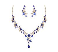Clearine Wedding Jewellery Set for Women Bride, Y-Necklace Dangle Earrings Set Stunning Crystal Teardrop Leaf Flower Cluster Prom Jewellery for Bridal Bridesmaid Blue Gold-Tone