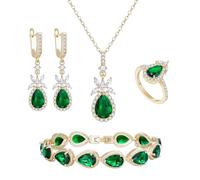 Clearine Wedding Teardrop Marquise Necklace Earrings Tennis Bracelet Ring Set, Emerald Cubic Zirconia Gold Bridal Jewellery Set for Bride Bridesmaid, Christmas Valentine Mothers Day Prom Jewelry Gift