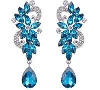 Clearine Women's Bohemian Boho Crystal Flower Wedding Bridal Chandelier Teardrop Bling Long Dangle Earrings Blue Turquoise Color Silver-Tone