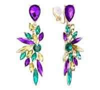 Clearine Women's Clip On Earrings Wedding Bridal Crystal Teardrop Multi Marquise Cluster Bling Dangle Earrings Colourful Gold-Tone