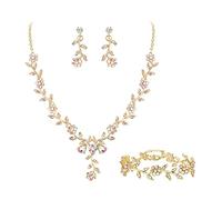 Clearine Women's Wedding Jewellery Set for Party Prom Leaf Cluster Flower Crystal Pendant Necklace Dangle Earrings Link Bracelet for Bridal Brides Bridessmaid Iridescent AB Gold-Tone