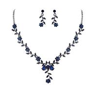 Clearine Women's Wedding Jewellery Set Leaf Cluster Flower Crystal Pendant Necklace Dangle Earrings for Bridal Bride Sapphire Black-Tone