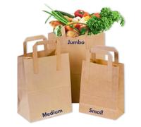 Clearly 250 Brown Kraft Paper Bags with Handles | Small 7" x 8.5" x 3" | 70 GSM -Thickness | SOS Takeaway Lunch Grocery Gift | Small Paper Bags