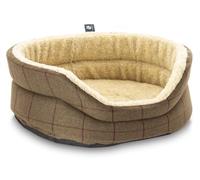 Clearspell Pet Luxury Snug Fleece Lined Oval Dog Bed 6 Sizes in our Avondale in Classic Check: Brown-Burgundy Size Large - 68cm x 61cm