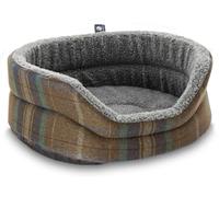 Clearspell Pet Luxury Snug Fleece Lined Oval Dog Bed 6 Sizes in our Avondale Signature Tartan Olive-Heather-Chestnut Size Small - 53cm x 45cm