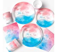 Cleboen Gender Reveal Party Tableware Set - Blue & Pink Baby Shower Decorations - Plates, Napkins, Cups - 12 Guests - Bi-Color, Gender Reveal Theme