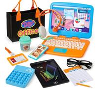 Cleboen Pretend Play Home Office Set for Kids - Toy Laptop, LCD Writing Tablet, Pop Fidget Calculator, Phone, Headset, Glasses, Coffee Cup & Handbag, for Boys Girls Age 3-5-7
