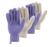 CLEEDY Bath Exfoliating Gloves Scrub - 4 pcs(2 pairs) Lengthened and Large Exfoliating Scrubbing Gloves for Shower, Spa, Massage - Scrub Exfoliating Mitts for Body, Face, Hand （Purple and Beige）