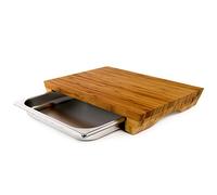 cleenbo Chopping Board with Tray Style Bamboo, Wood Oiled Kitchen Cutting Board for Food, Large Chef Boards with Movable Stainless Steel Drawer, with Storage, Natural, with feet, 420 x 290 x 60 mm