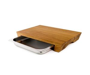 cleenbo Chopping Board with Tray Style Oak Wooden Oiled Oakwood Large Cutting Board, Professional Organic Boards with Movable Stainless Steel Drawer (Gastronorm 1/2), Dimensions: 420 x 290 x 60 mm