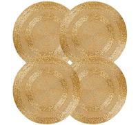 CLEENTABLE Handmade Beaded Charger Placemats - 4 Pack Elegant Glass Beads & Polyester Round Table Mats for Dining, Kitchen, Wedding, Holiday & Party Deco (Gold)