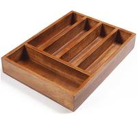 CLEENTABLE Mango Wood Utensil Drawer Organizer - 5-Compartment Cutlery Tray for Kitchen, Crack-Resistant Silverware Holder, Non-Slip, Lightweight, Rustic Syrup Walnut Finish, 13"x10"x2"