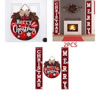 CLEFFNS Christmas Buffalo Plaid Front Door Decor Set 30X180Cm 100D Porch Banner Couplets With Round Wooden Merry Christmas Hanging Sign