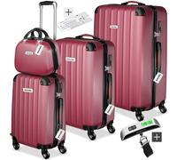 tectake® Hard Shell Suitcase Set, Incl. Extra Large, Large, Medium Suitcases & Beauty Case, Lightweight Suitcases with TSA Lock, ABS Shell, 360° Wheels, Telescopic Handle & Luggage Scale - Burgundy