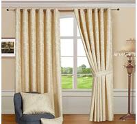 Cleo Paisley Pattern Jacquard Curtains Eyelet Ring Top Fully Lined Curtain + Tiebacks, (Beige, 66" x 72")