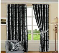 Cleo Paisley Pattern Jacquard Curtains Eyelet Ring Top Fully Lined Curtain + Tiebacks, (Black, 66" x 90")