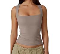 Clergment Tank Top, Cleargget Double Layer Tank Tops for Women, Sleeveless Tops, Basic Tight T Shirts Short (Camel,S)