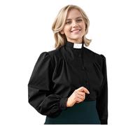 Clergy Clerical Shirt for Women Priest Shirts Long Sleeve Button Down Ministers Blouse Casual Tops with Tab Collar Black